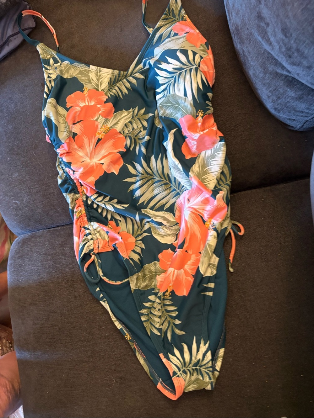 Kona Sol Teal One-Piece Swimsuit with Coral Floral Print